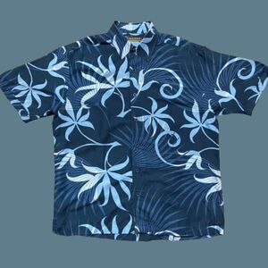 Cubavera Linen Blend Navy Blue Button Front Casual Hawaiian Shirt Men's Large
